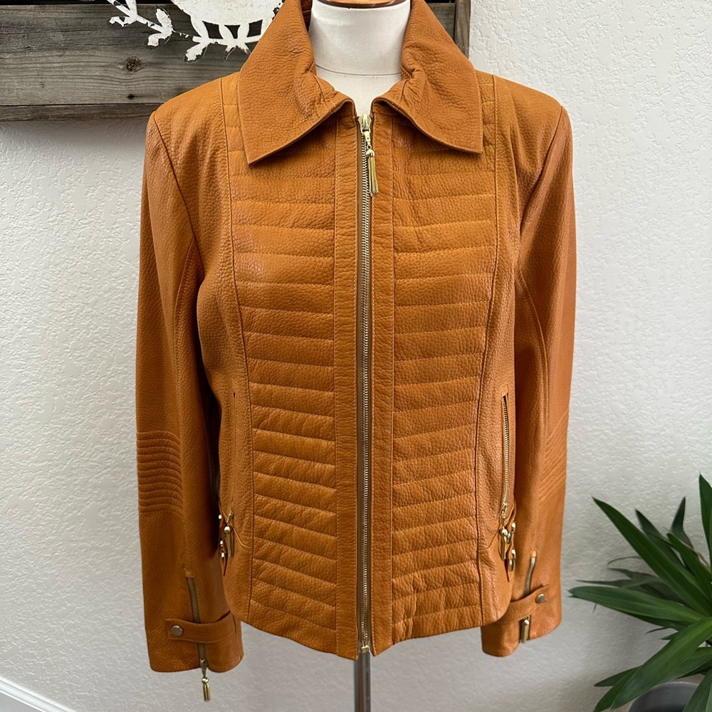 Kuzu Women's Tan Orange Leather Jacket Gold hardware ladies‎ size XXL